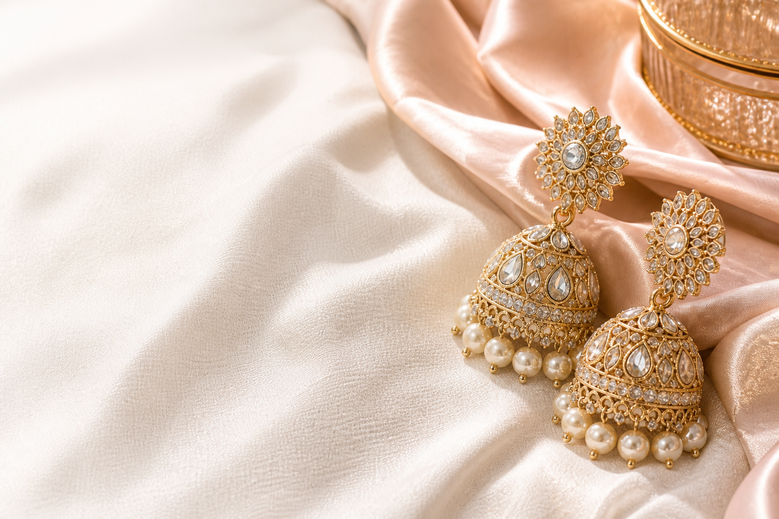 Crystal jhumka earrings on soft ivory silk